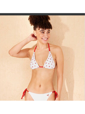 Wild Fable Cherry Embroidered Triangle Bikini Top White Red L NWT Tie Neck